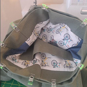 An image showing the bag lining clipped to the bag exterior, ready to be sewn in place.