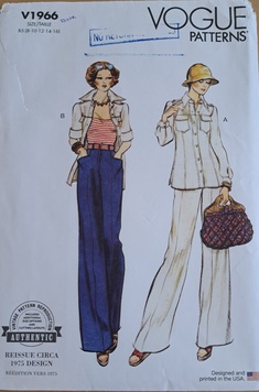 The front of the pattern envelope for Vogue pattern V1966, showing a drawing of a tall, skinny woman wearing two views of a collared shirt, with long and short sleeves, respectively, as well as a pair of flowy pants.