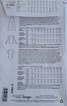 The back of the pattern envelope for Vogue pattern V1966, showing the line drawings for the shirt and pants patterns, and text and tables describing pattern details, and fabric requirements and recommendations. The back of the pattern envelope for Vogue pattern V1966, showing the line drawings for the shirt and pants patterns, and text and tables describing pattern details, and fabric requirements and recommendations.
